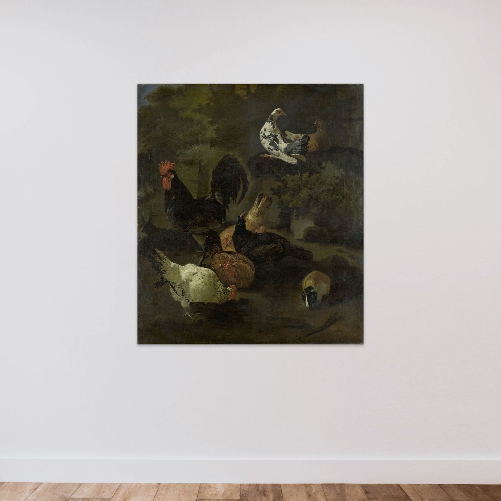 A Cock, Hens, Doves, and a Marmot unframed — shown to scale