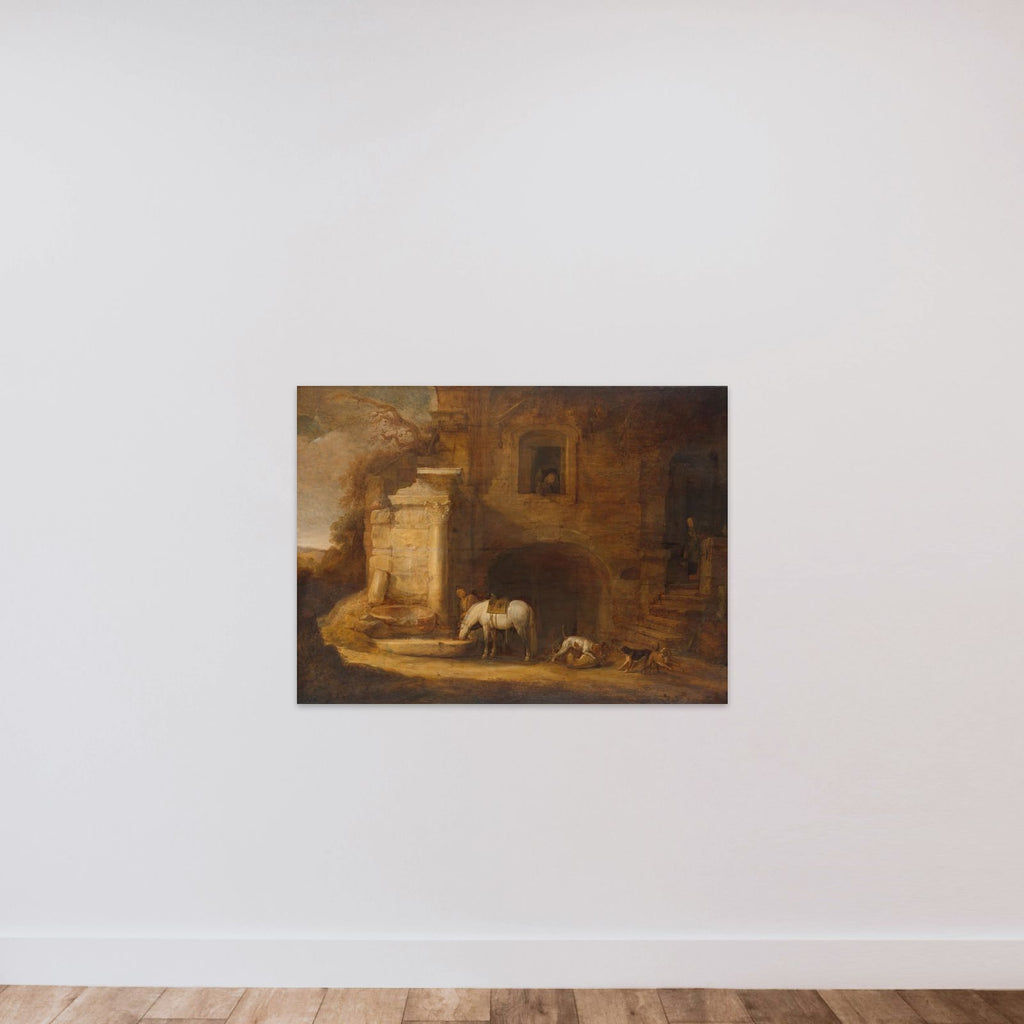 View of a Dilapidated Building with a Fountain unframed — shown to scale