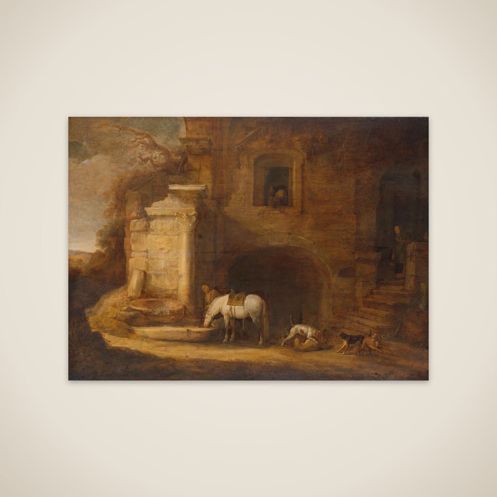 View of a Dilapidated Building with a Fountain unframed print