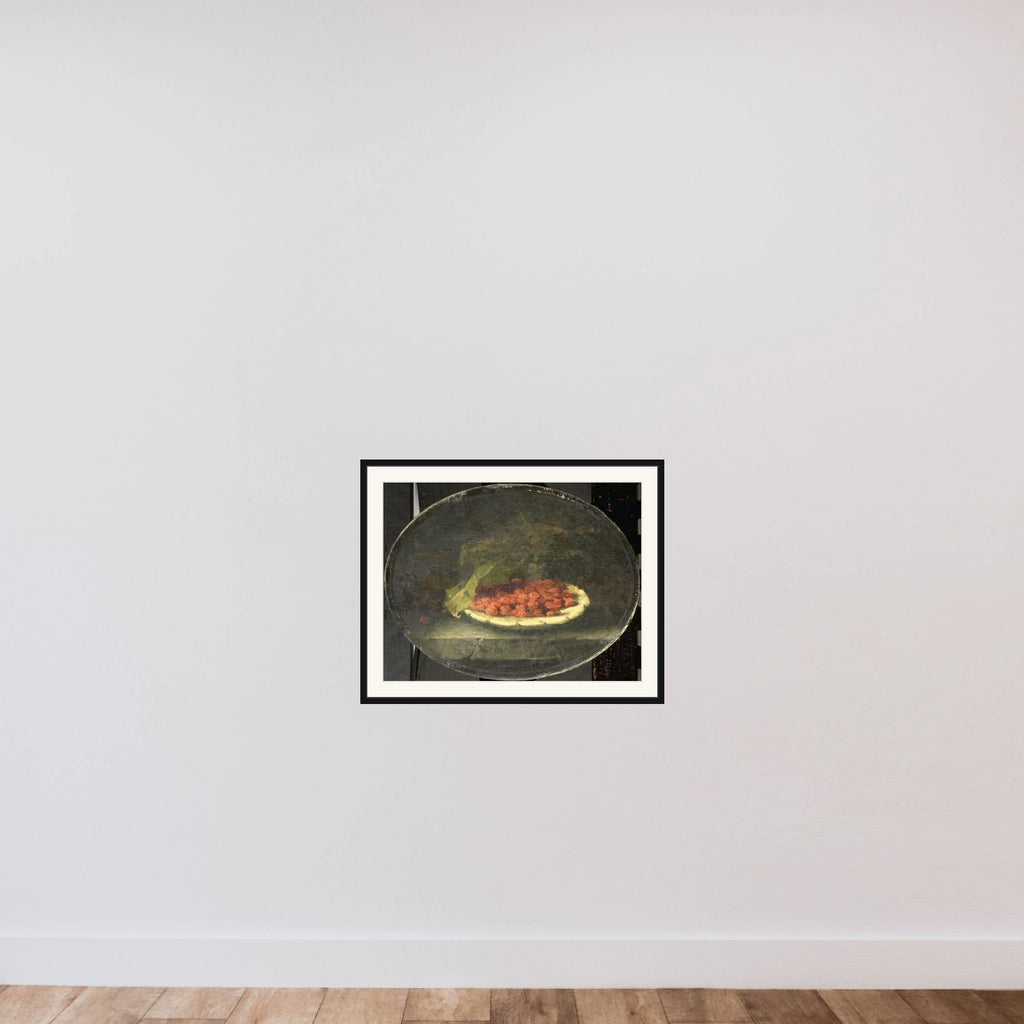 Still life with aardbeien in een witte schaal framed — shown to scale