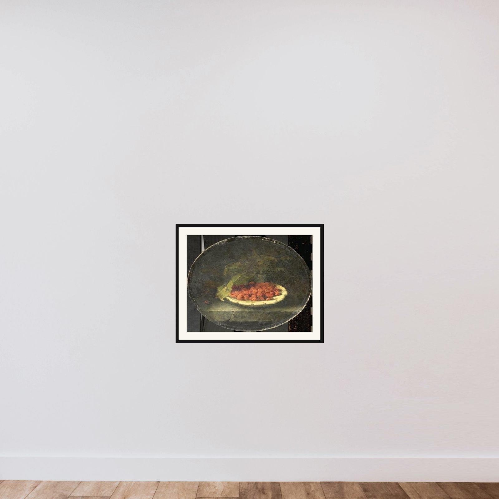Still life with aardbeien in een witte schaal framed — shown to scale