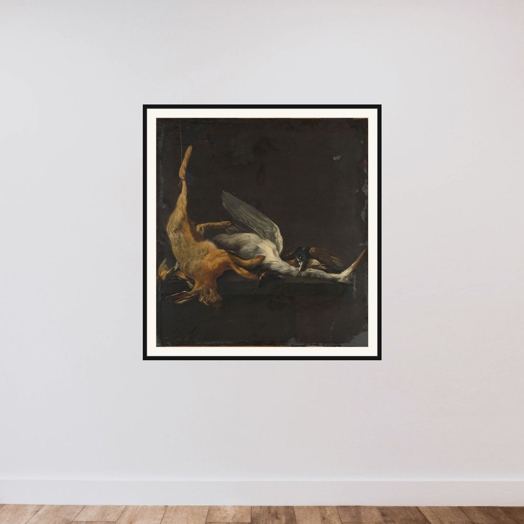 Still Life with a Hare, a Heron and Other Birds framed — shown to scale