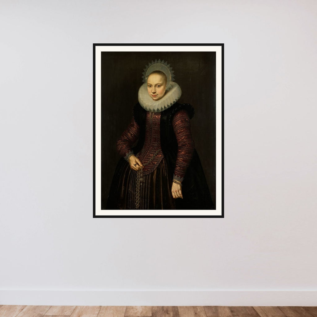 Portrait of Brechtje Overrijn van Schoterbosch (1592-1618) framed — shown to scale