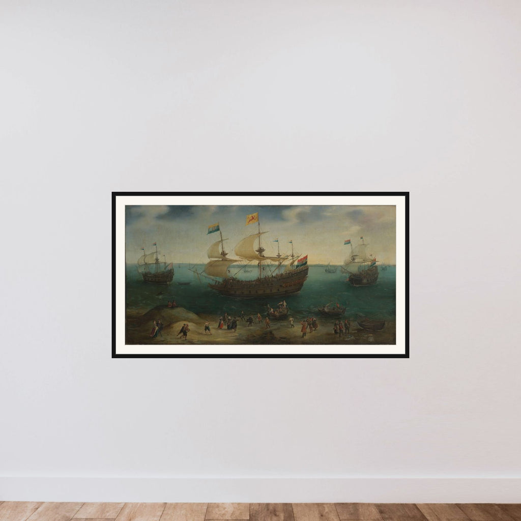 The Amsterdam Four-Master ‘De Hollandse Tuyn’ and Other Ships on their Return from Brazil under the Command of Paulus van Caerden framed — shown to scale