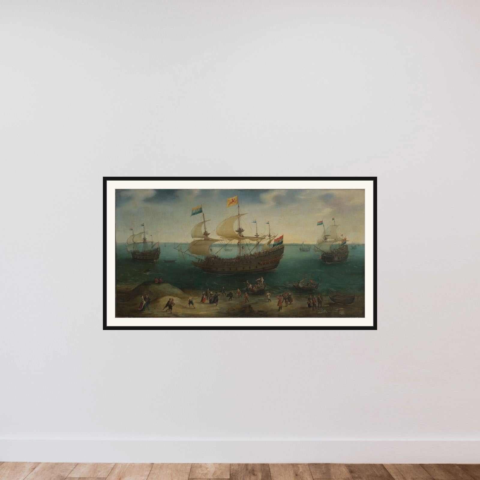 The Amsterdam Four-Master ‘De Hollandse Tuyn’ and Other Ships on their Return from Brazil under the Command of Paulus van Caerden framed — shown to scale