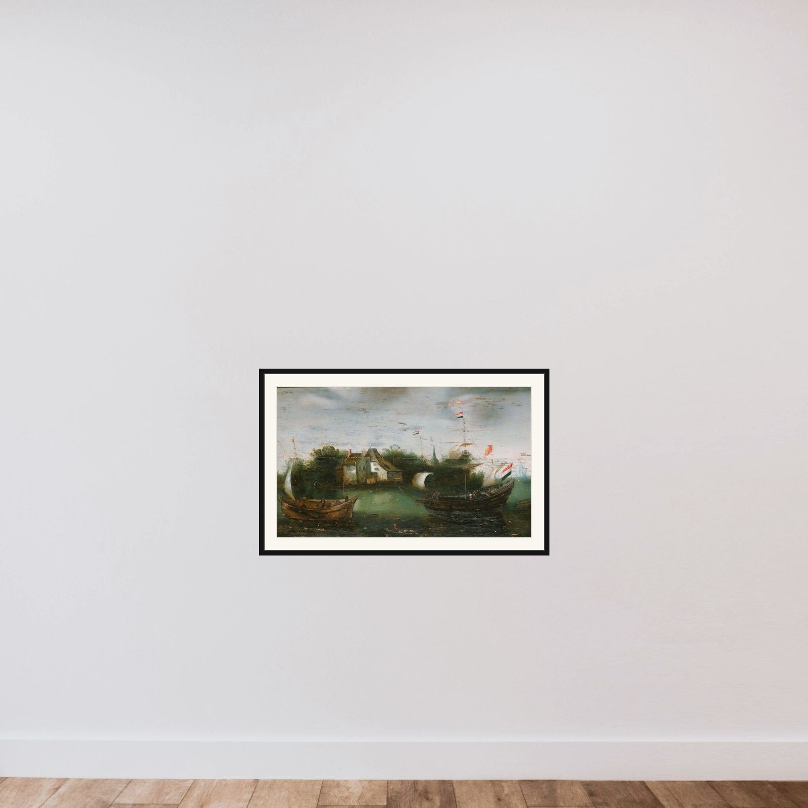 A Sea-going Vessel Sailing into an Inland Waterway framed — shown to scale