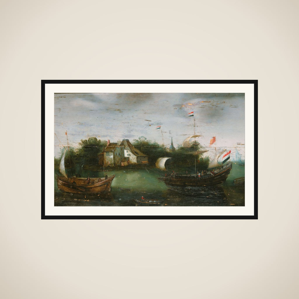 A Sea-going Vessel Sailing into an Inland Waterway framed
