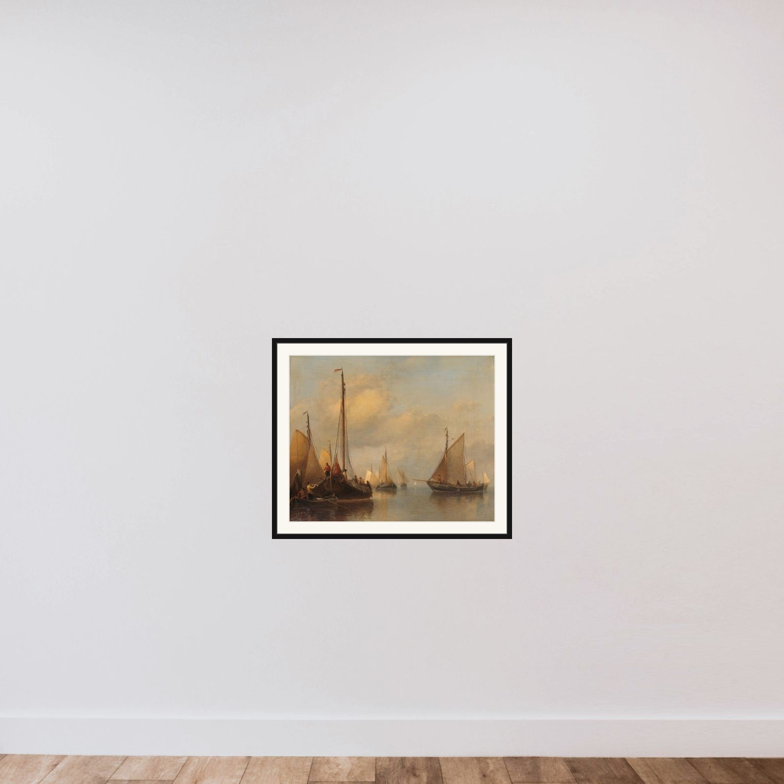Fishing Boats on calm Water framed — shown to scale