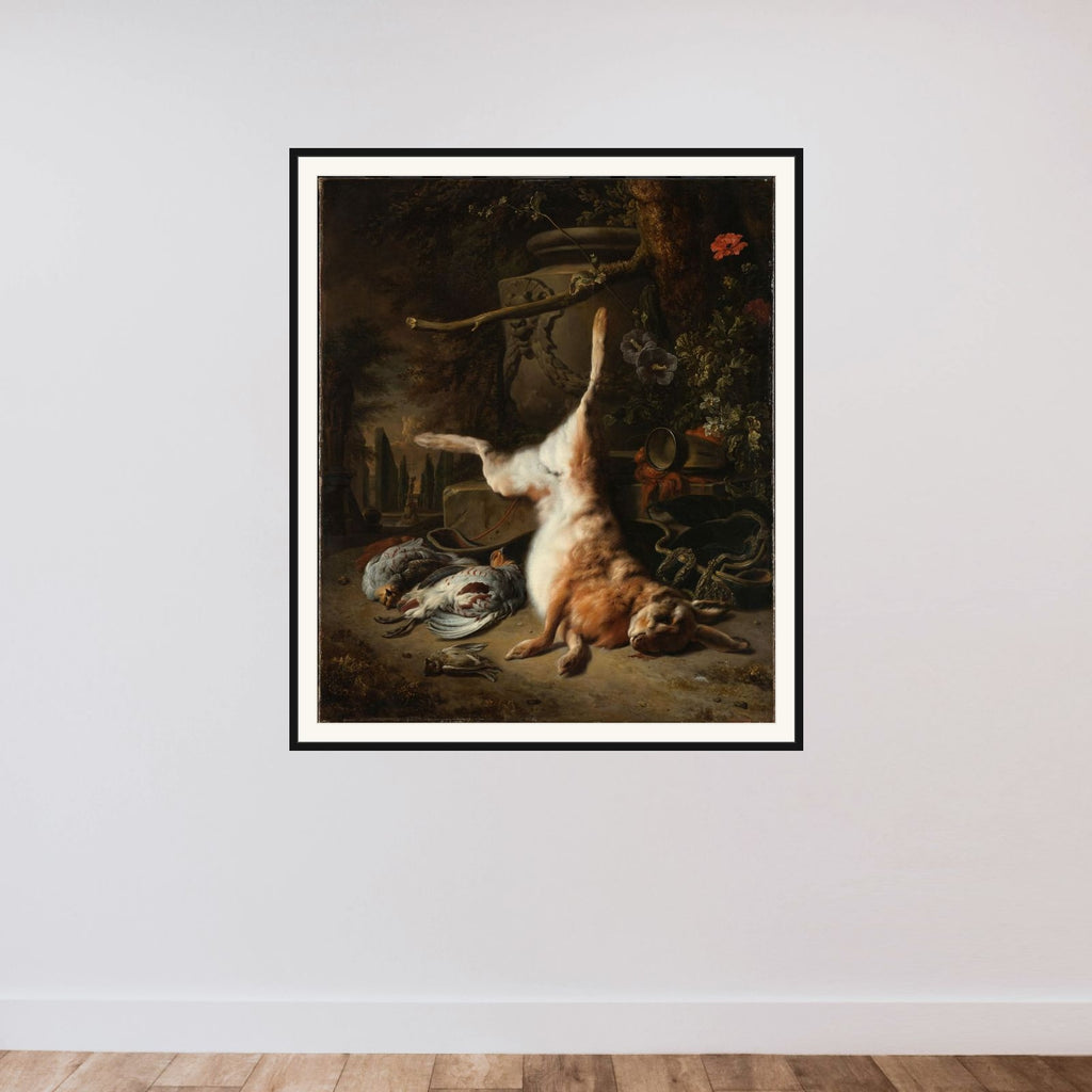 Still Life with Hare and other Hunting Trophies framed — shown to scale