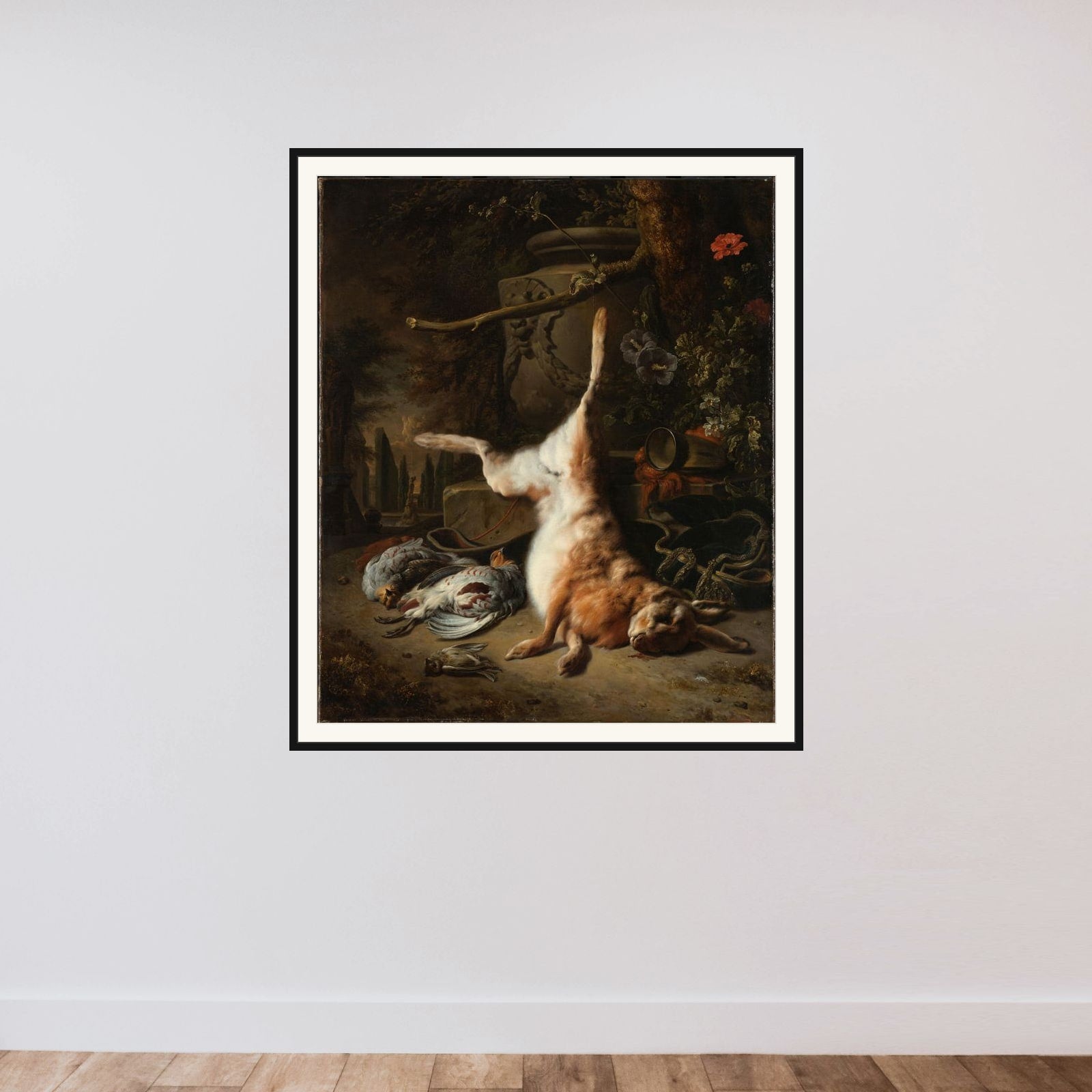 Still Life with Hare and other Hunting Trophies framed — shown to scale