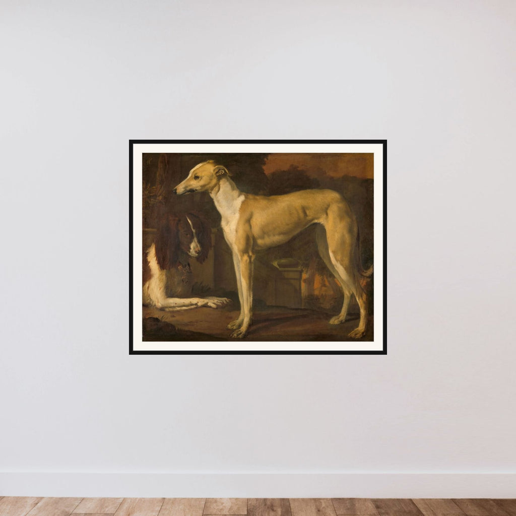 Portrait of a Greyhound and Spaniel framed — shown to scale