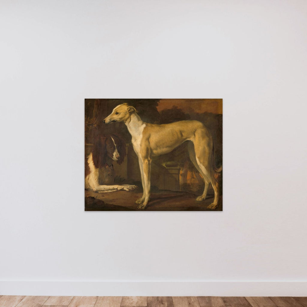 Portrait of a Greyhound and Spaniel unframed — shown to scale