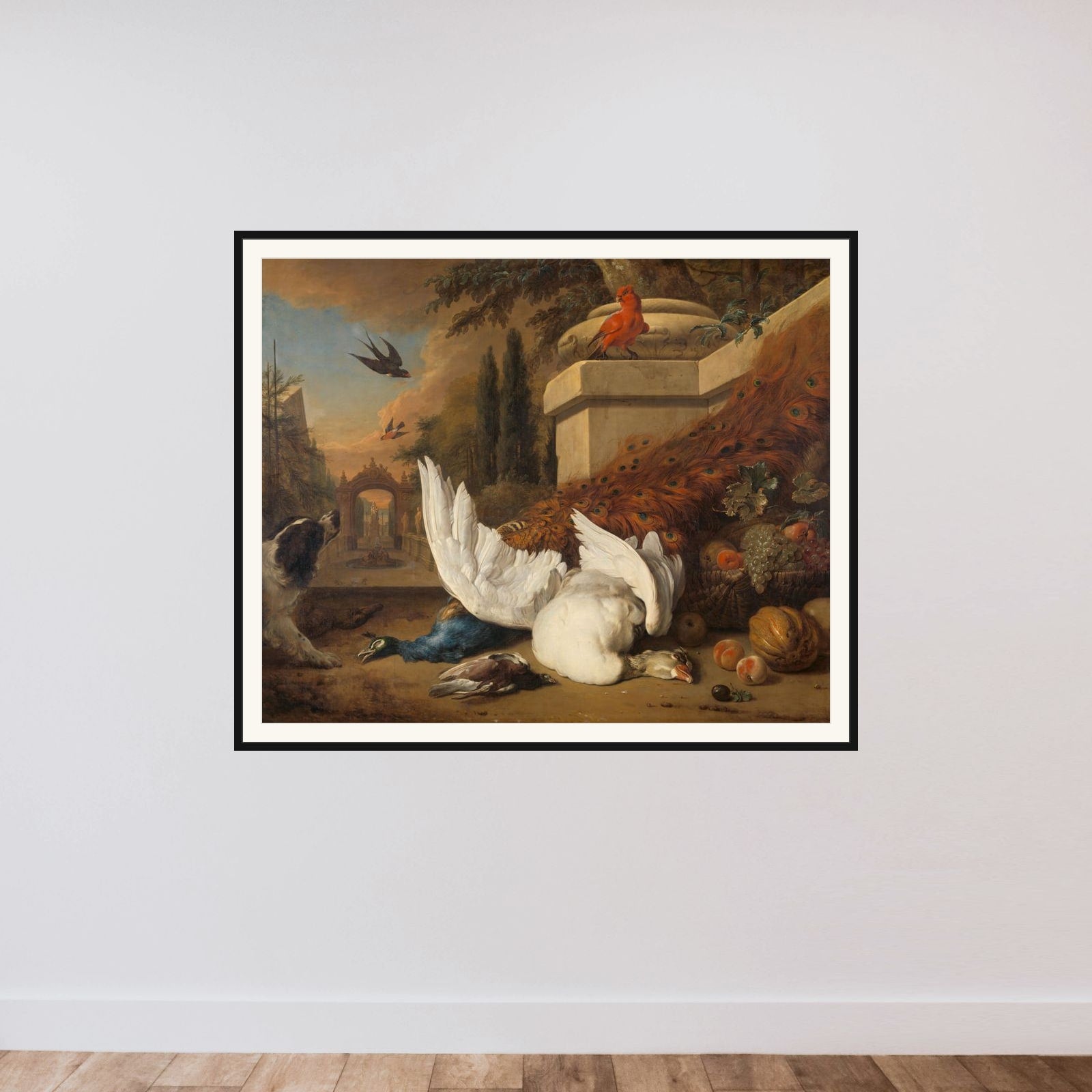 A Dog with a dead Goose and Peacock (A Study of Game and Fruit) framed — shown to scale