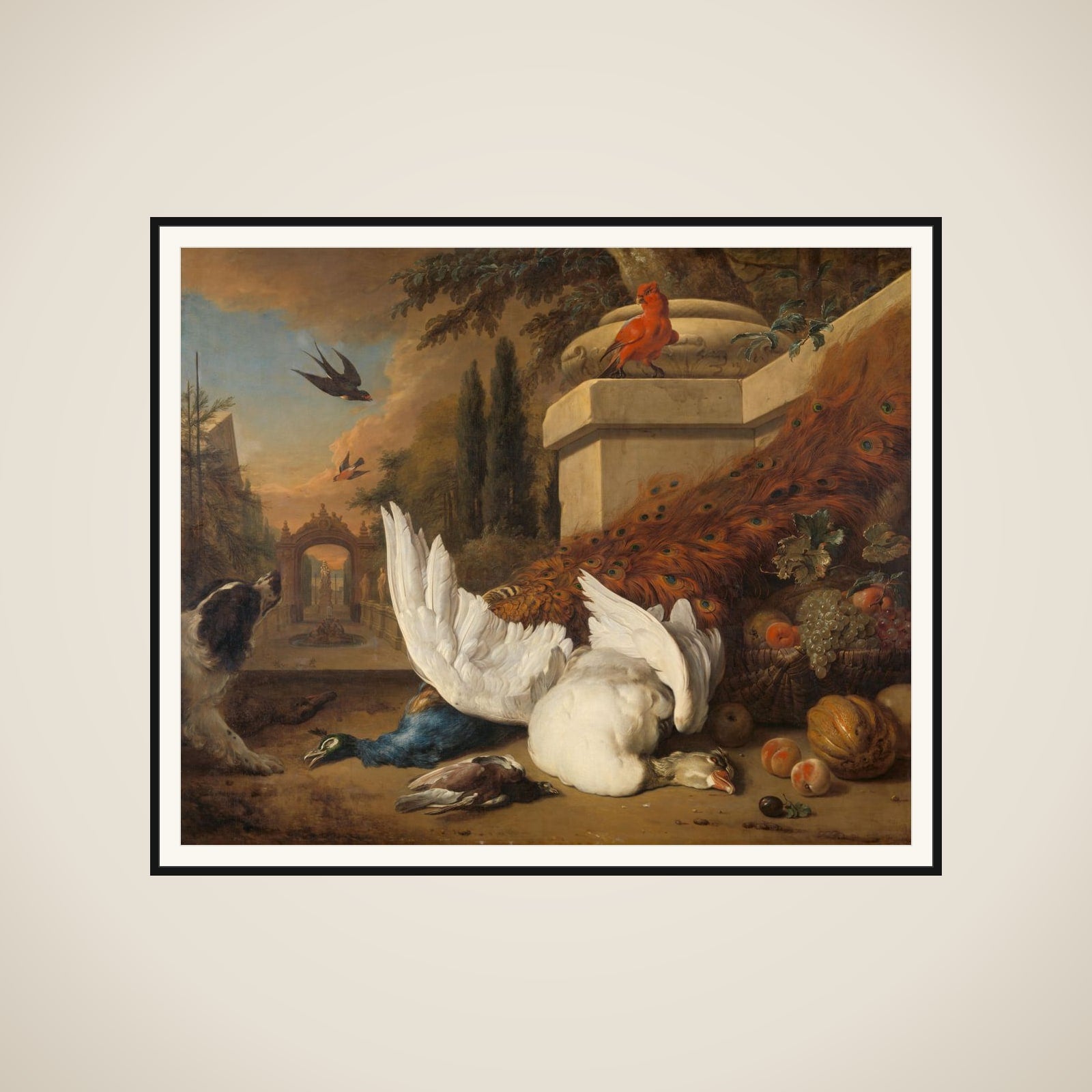 A Dog with a dead Goose and Peacock (A Study of Game and Fruit) framed