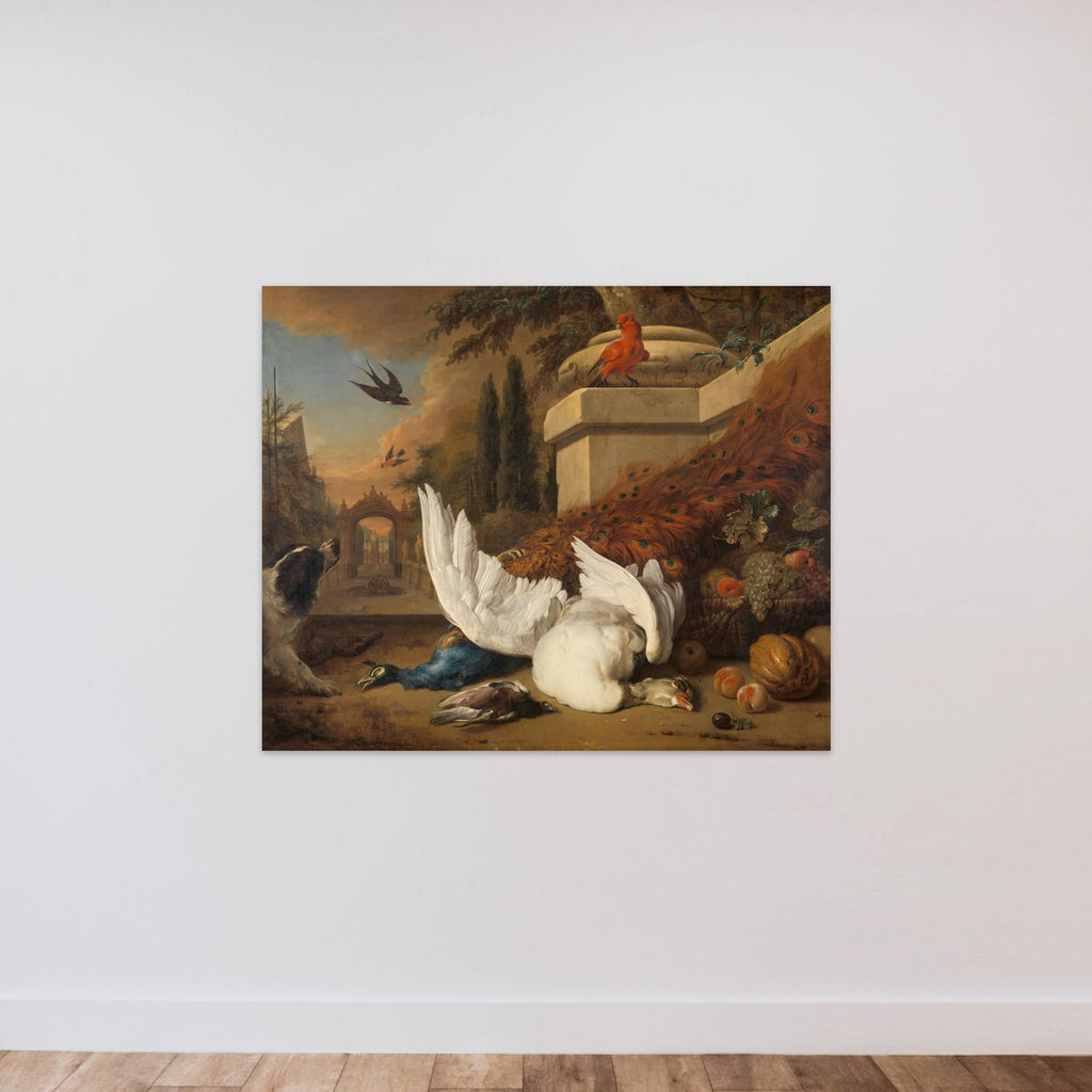 A Dog with a dead Goose and Peacock (A Study of Game and Fruit) unframed — shown to scale