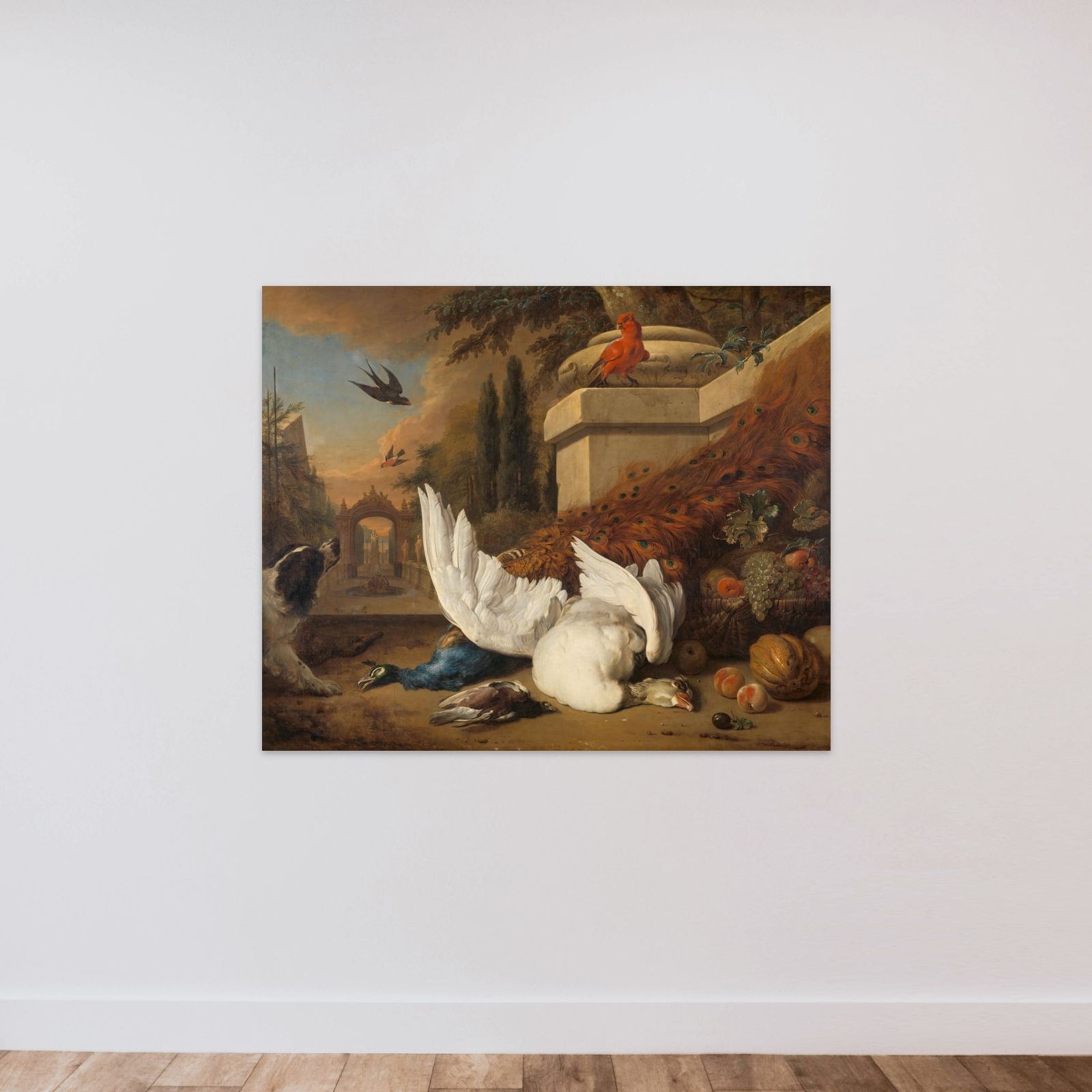 A Dog with a dead Goose and Peacock (A Study of Game and Fruit) unframed — shown to scale