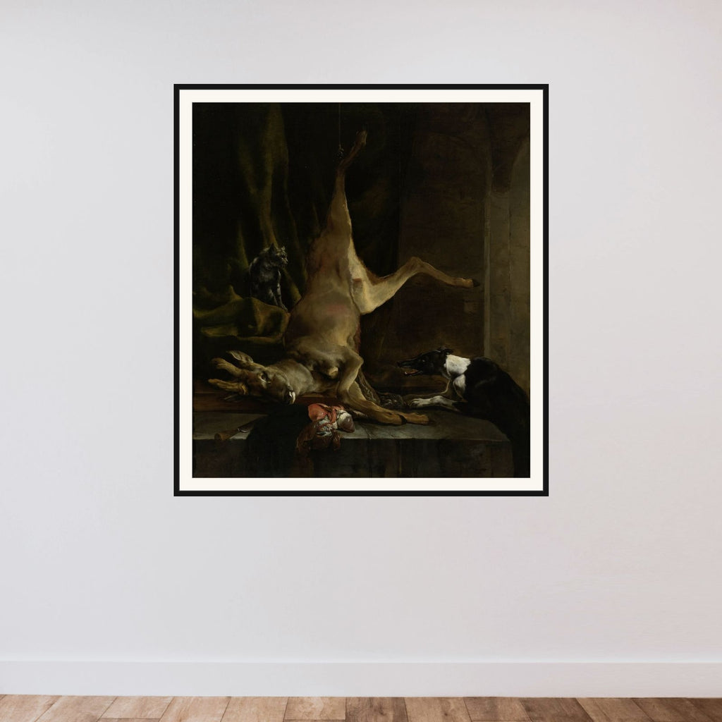 A Dog and a Cat near a partially disembowelled Deer framed — shown to scale