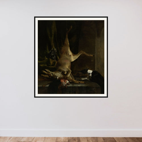 A Dog and a Cat near a partially disembowelled Deer framed — shown to scale