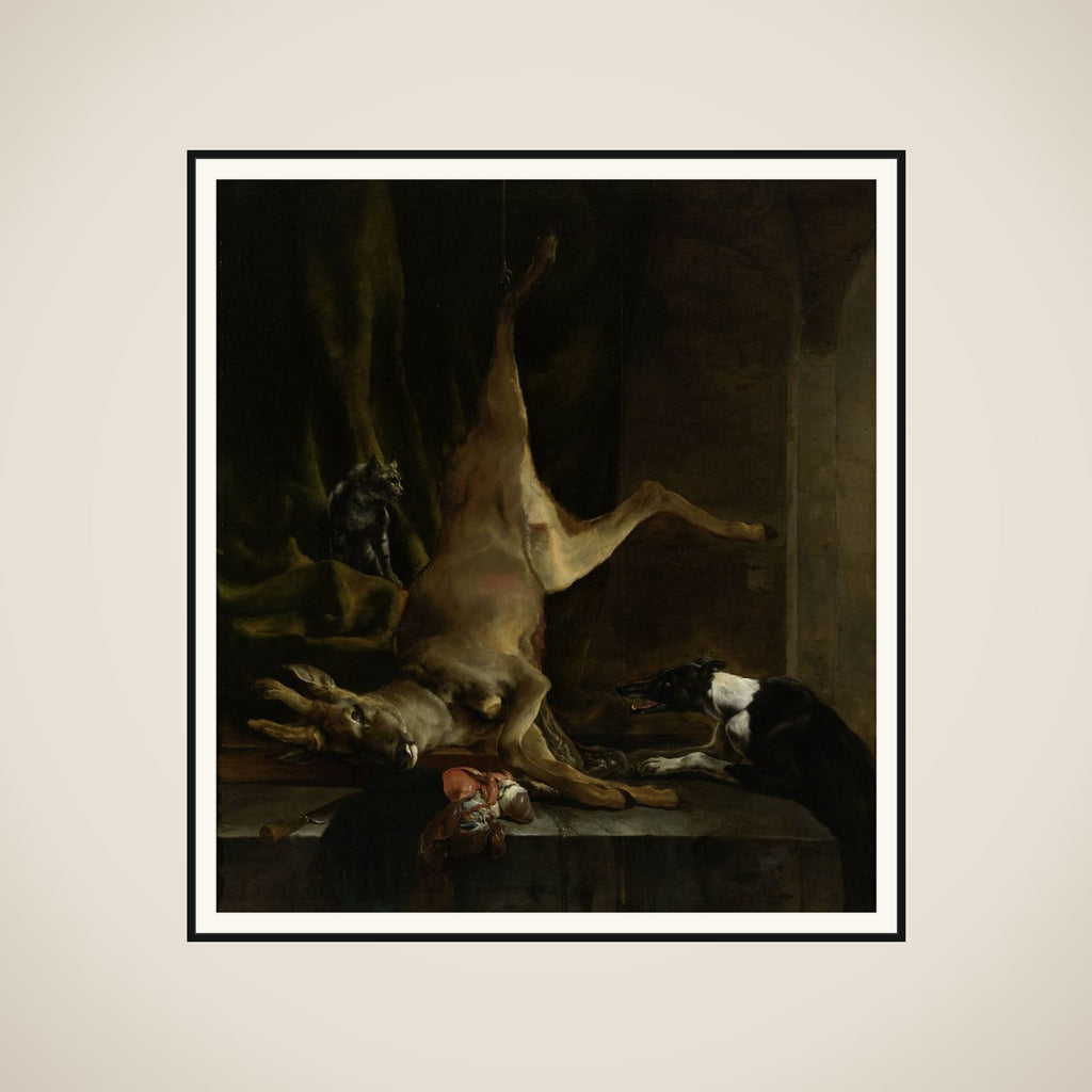 A Dog and a Cat near a partially disembowelled Deer framed
