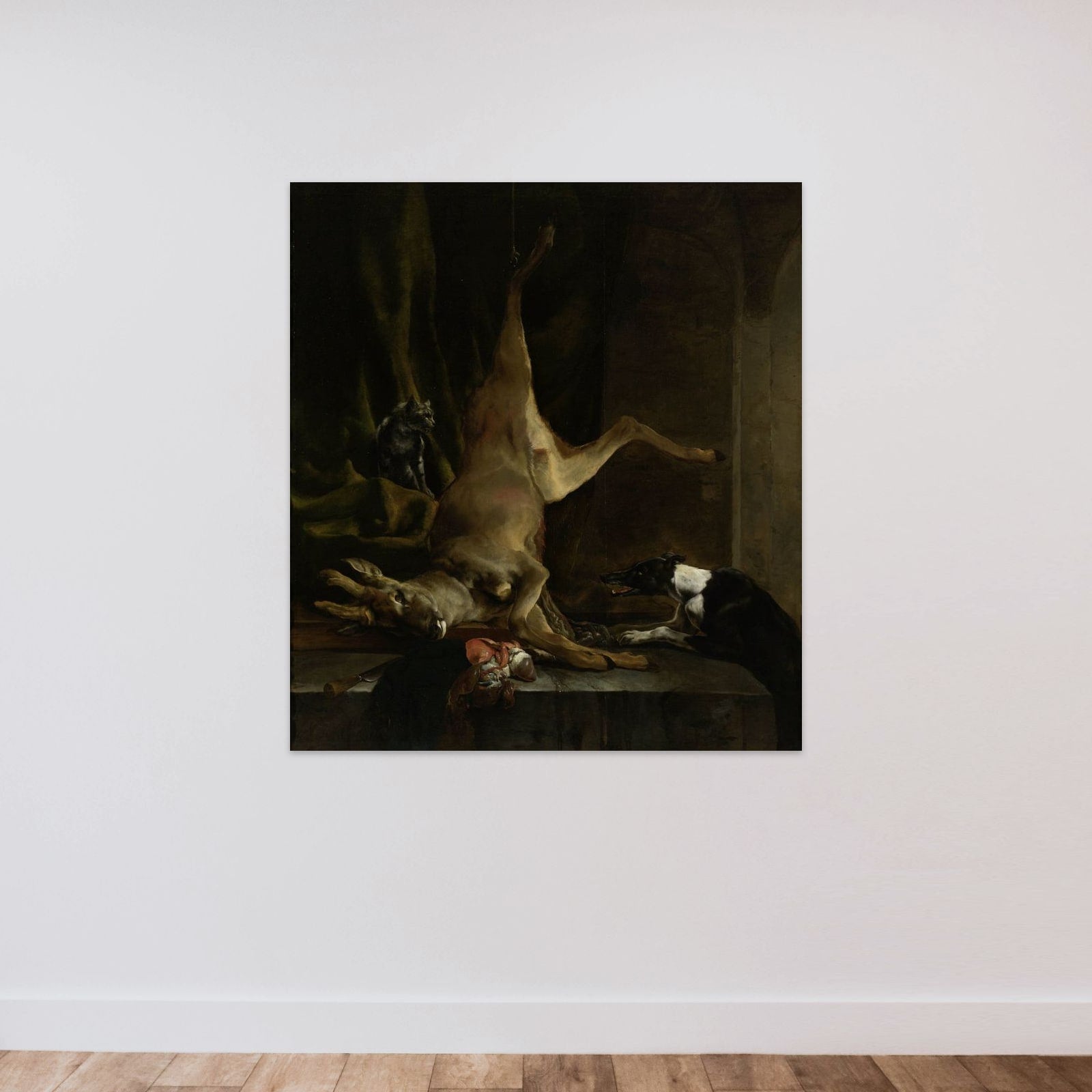 A Dog and a Cat near a partially disembowelled Deer unframed — shown to scale