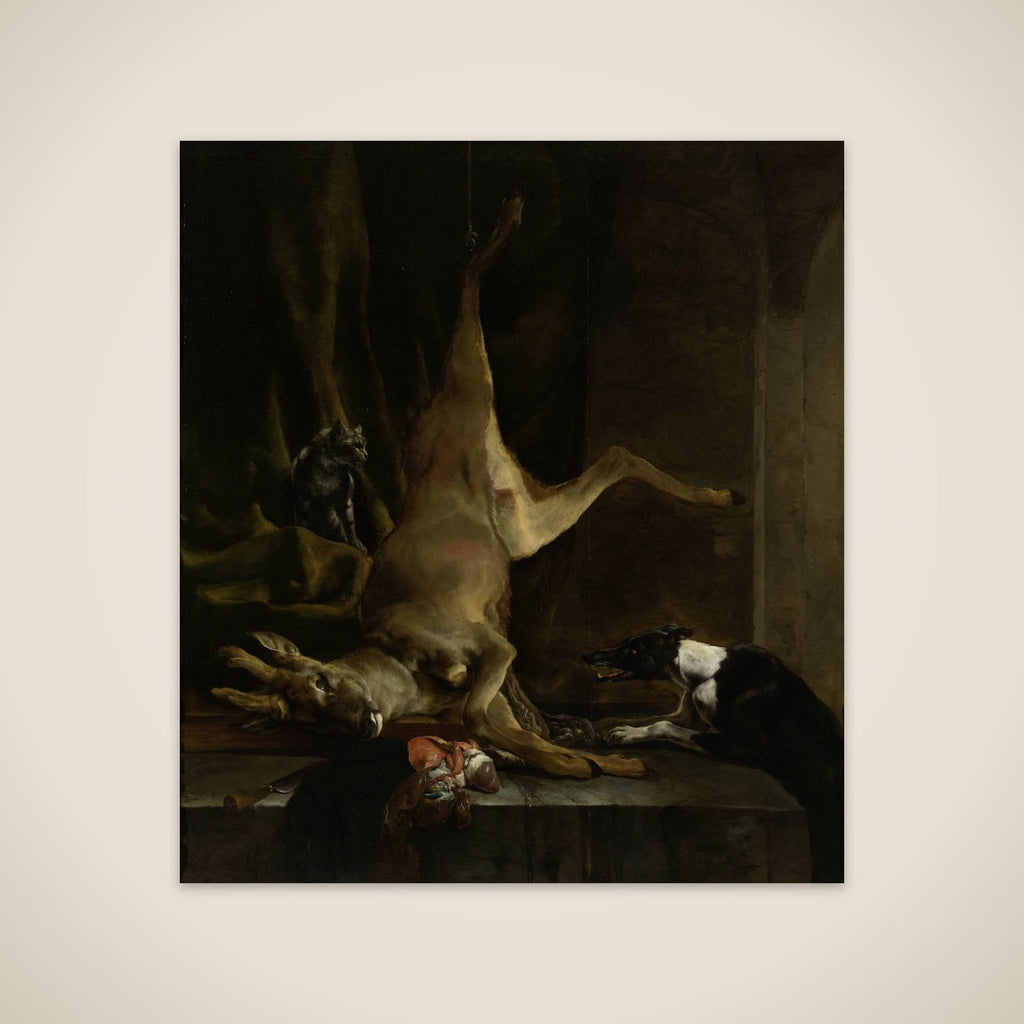 A Dog and a Cat near a partially disembowelled Deer unframed print
