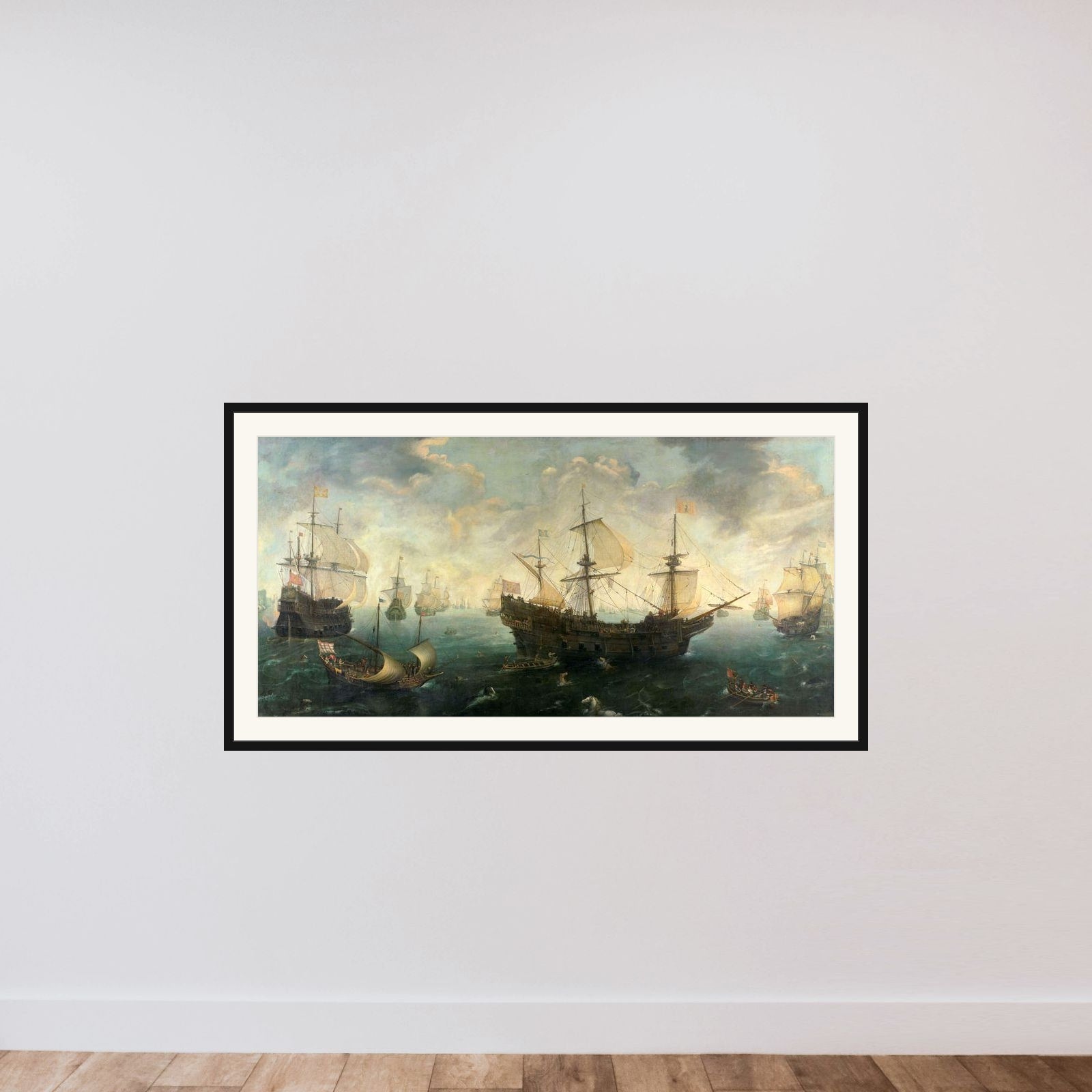 The Spanish Armada off the English Coast in 1588 framed — shown to scale
