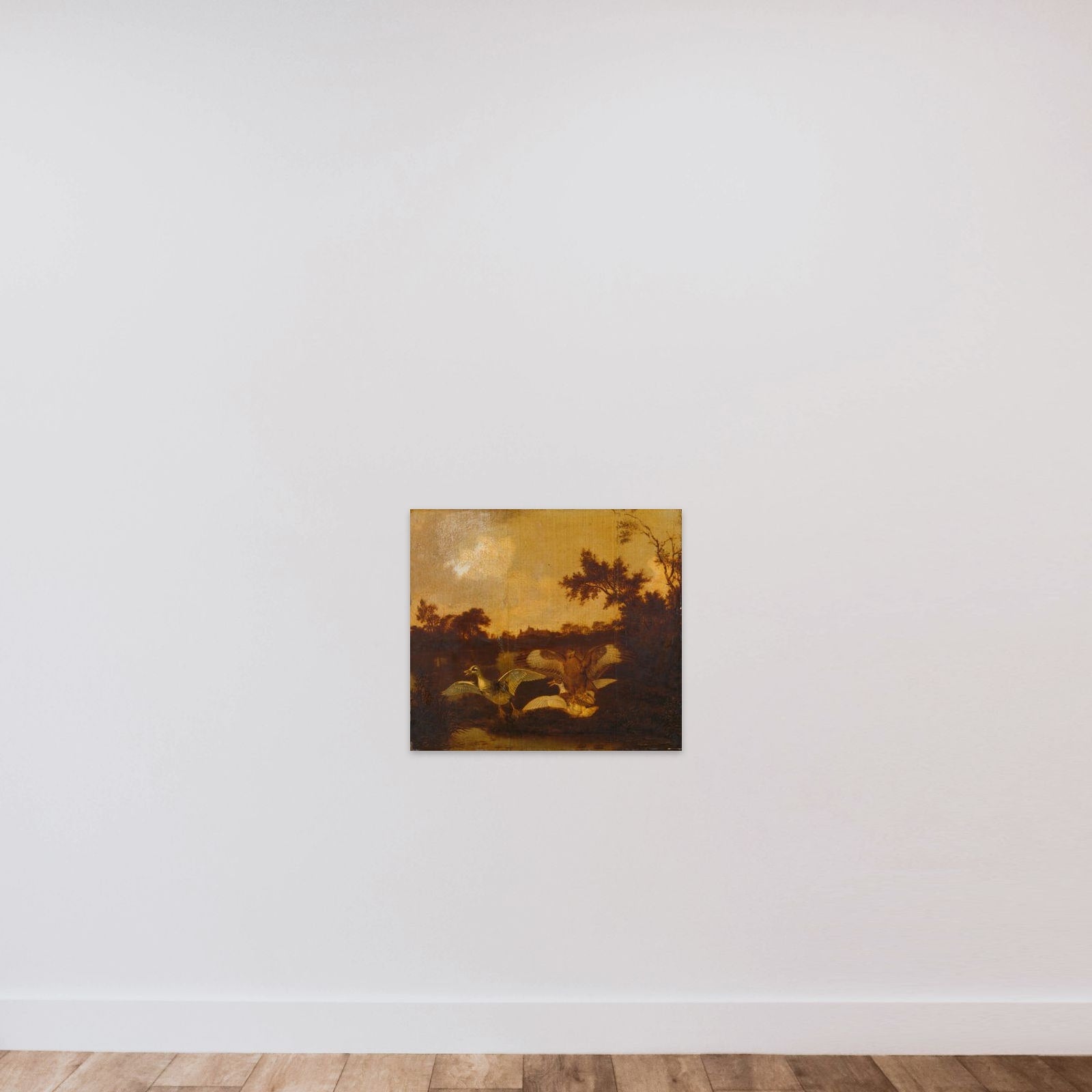A Buzzard Attacking Two Ducks unframed — shown to scale