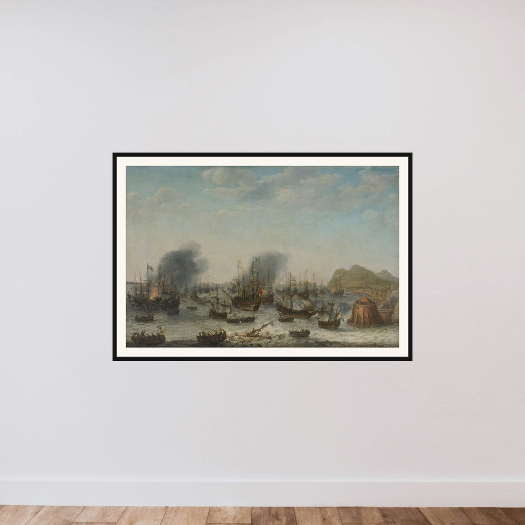 The Defeat of the Spanish at Gibraltar by a Dutch Fleet under the Command of Admiral Jacob van Heemskerck, 25 April 1607 framed — shown to scale