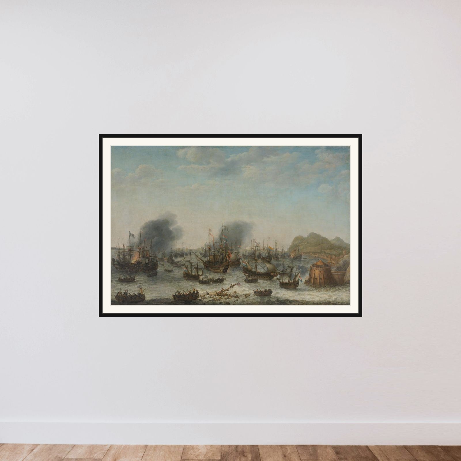 The Defeat of the Spanish at Gibraltar by a Dutch Fleet under the Command of Admiral Jacob van Heemskerck, 25 April 1607 framed — shown to scale