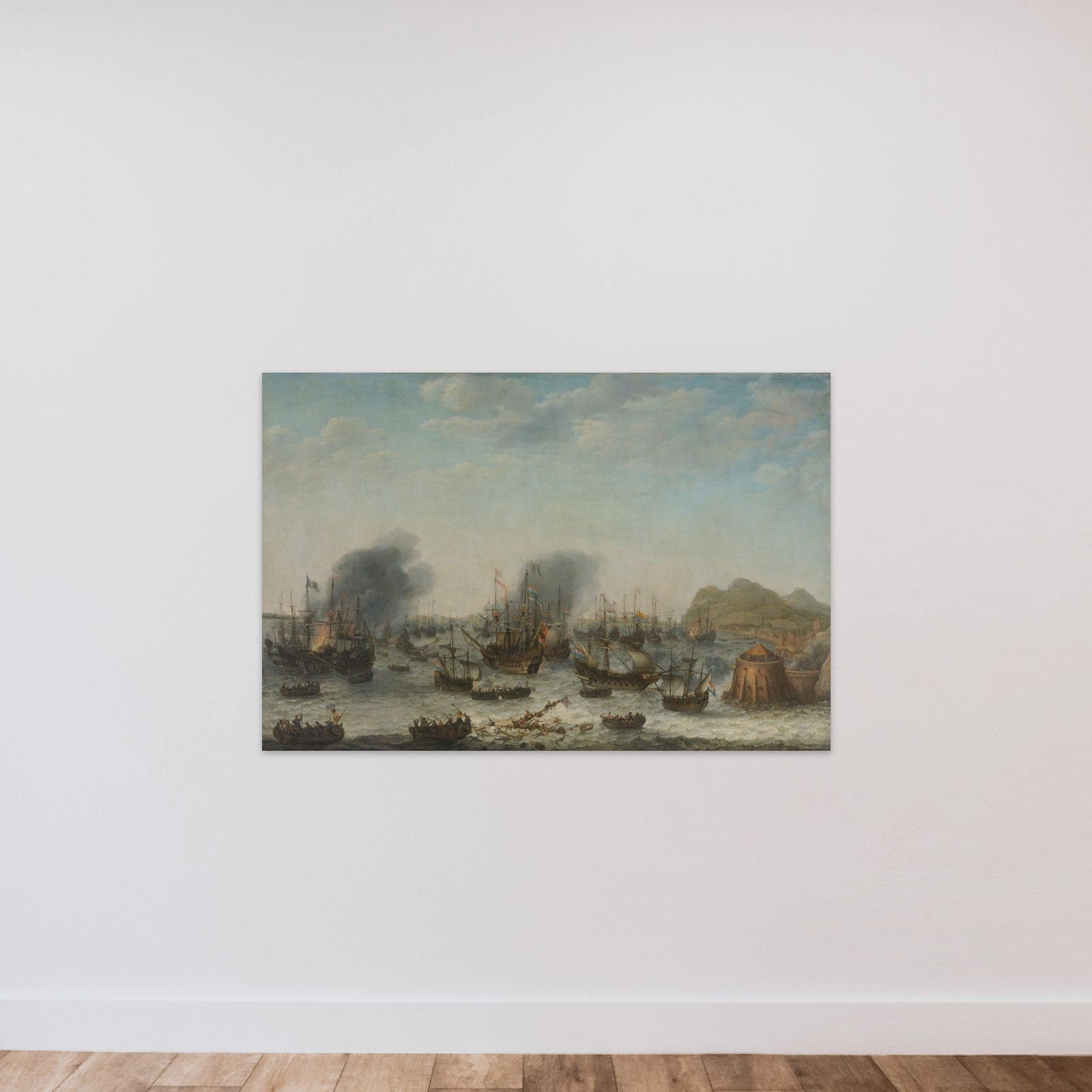 The Defeat of the Spanish at Gibraltar by a Dutch Fleet under the Command of Admiral Jacob van Heemskerck, 25 April 1607 unframed — shown to scale