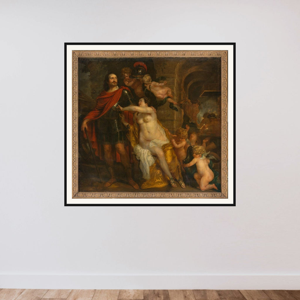 Venus Arming a Warrior, possibly Johan Maurits at the Forge of Vulcan framed — shown to scale