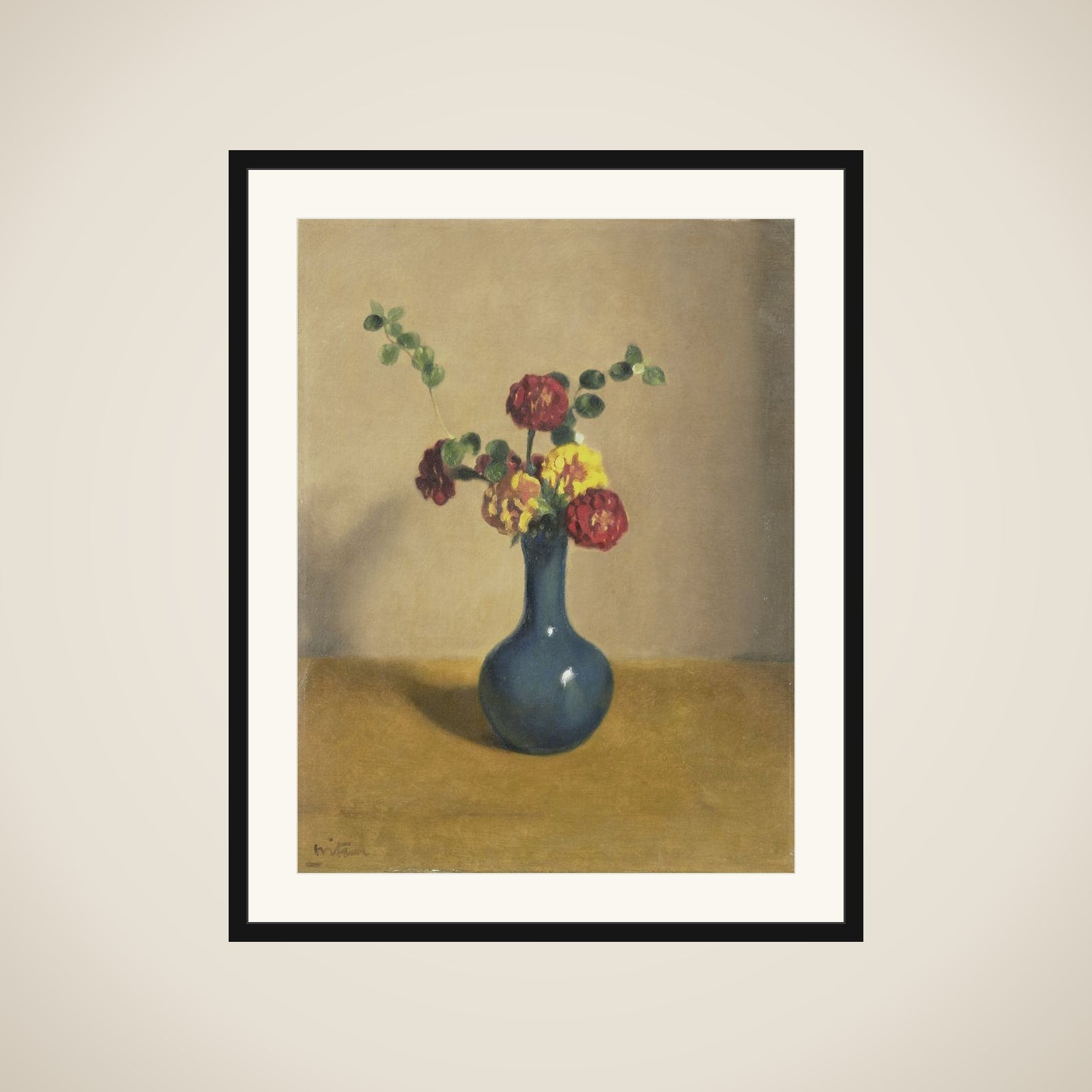 Afrikaantjes in een blauw vaasje framed