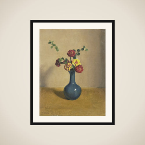 Afrikaantjes in een blauw vaasje framed