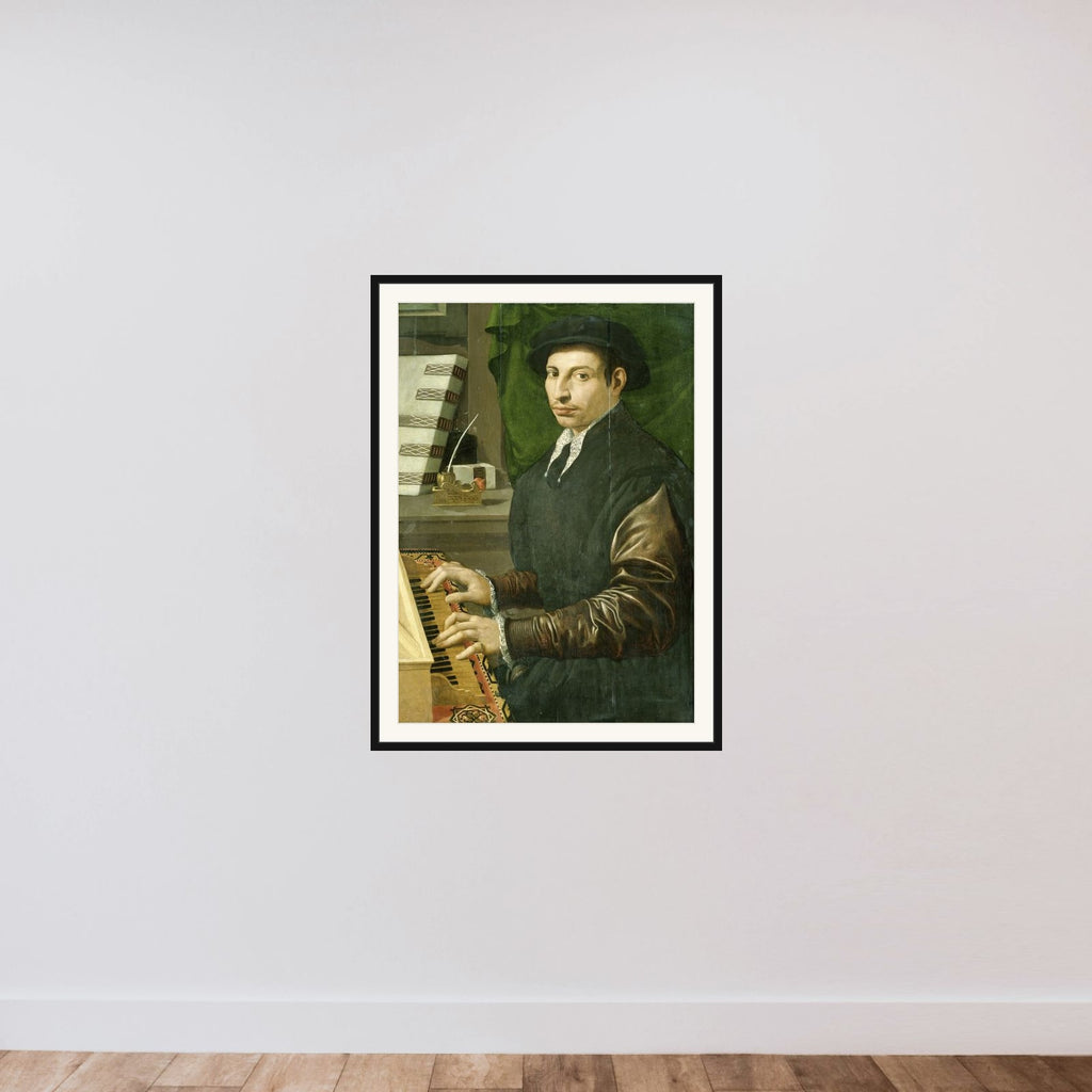 Portrait of a man playing a virginal framed — shown to scale