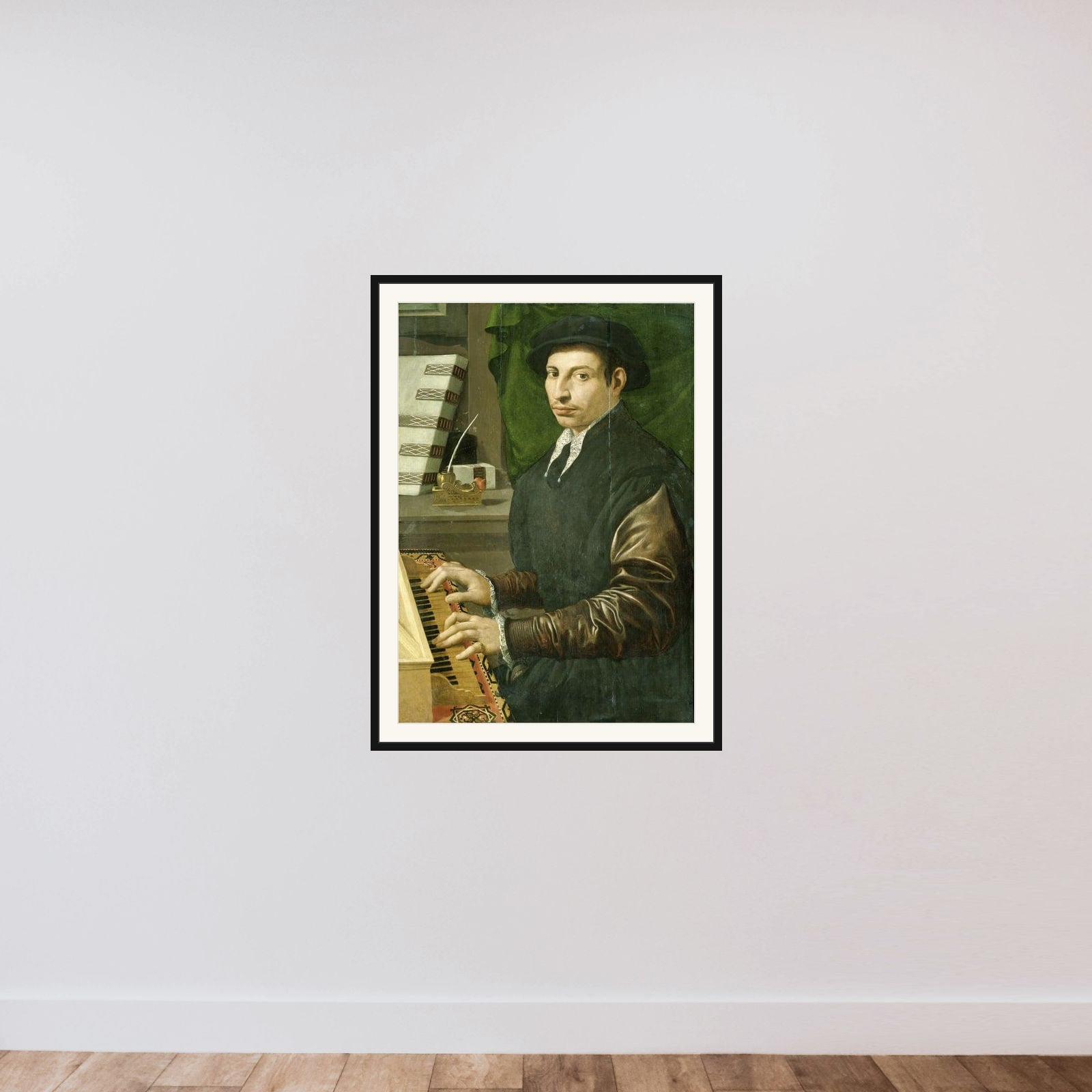 Portrait of a man playing a virginal framed — shown to scale
