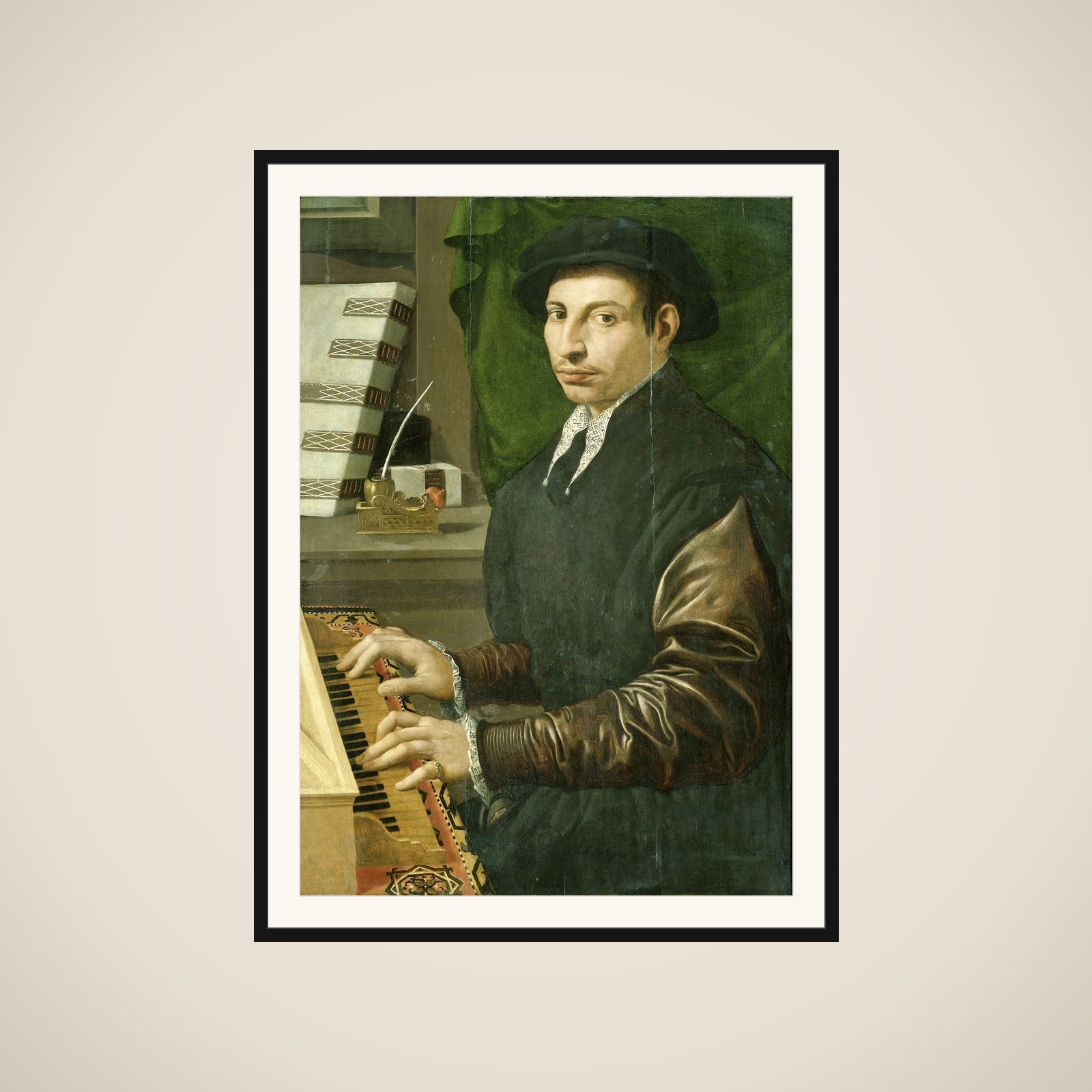 Portrait of a man playing a virginal framed