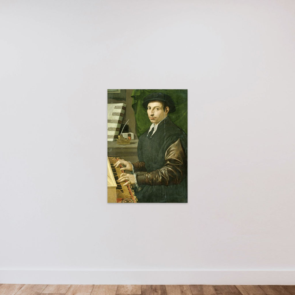 Portrait of a man playing a virginal unframed — shown to scale