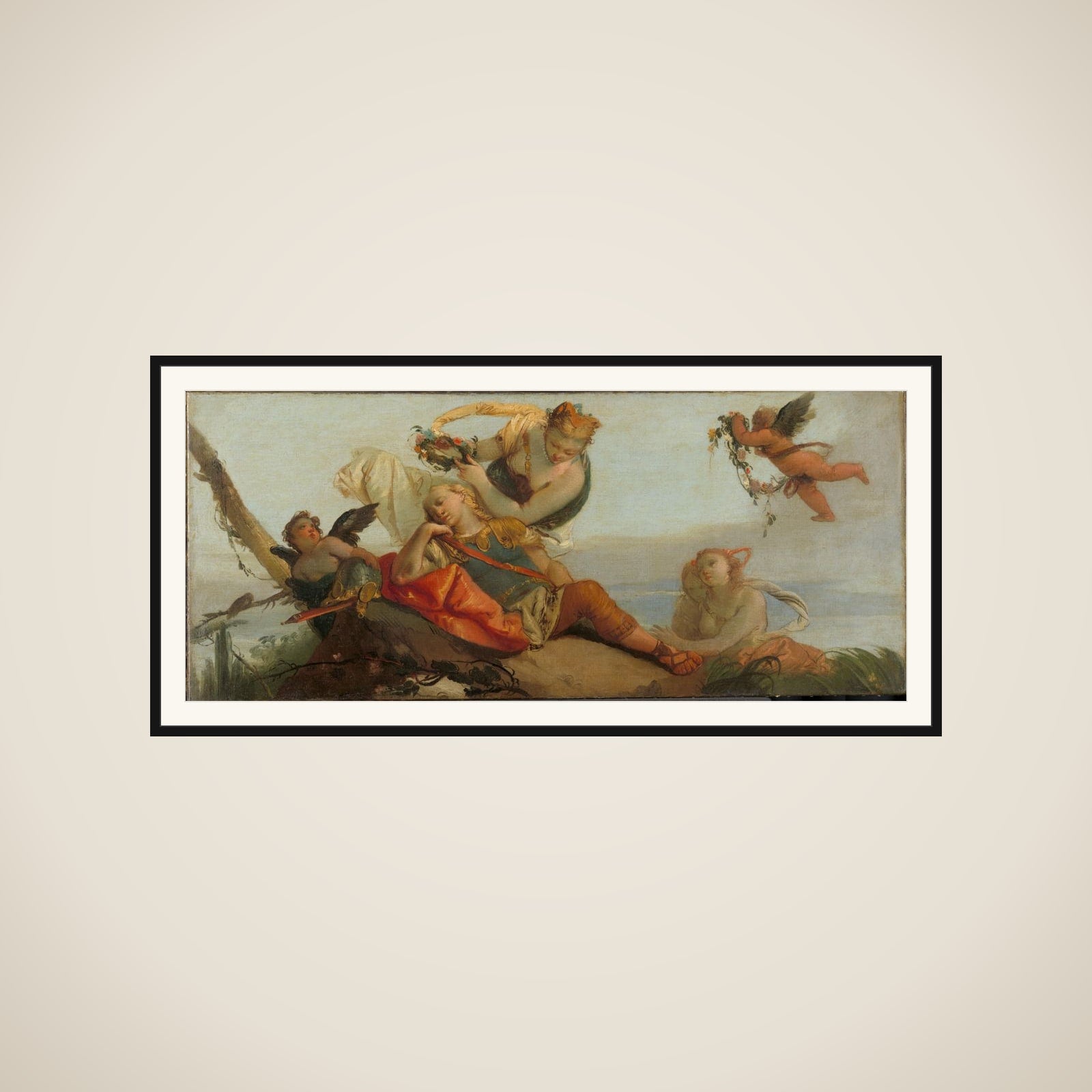 The Sleeping Rinaldo Crowned with Flowers by Armida (formerly entitled Sleeping Mars) framed