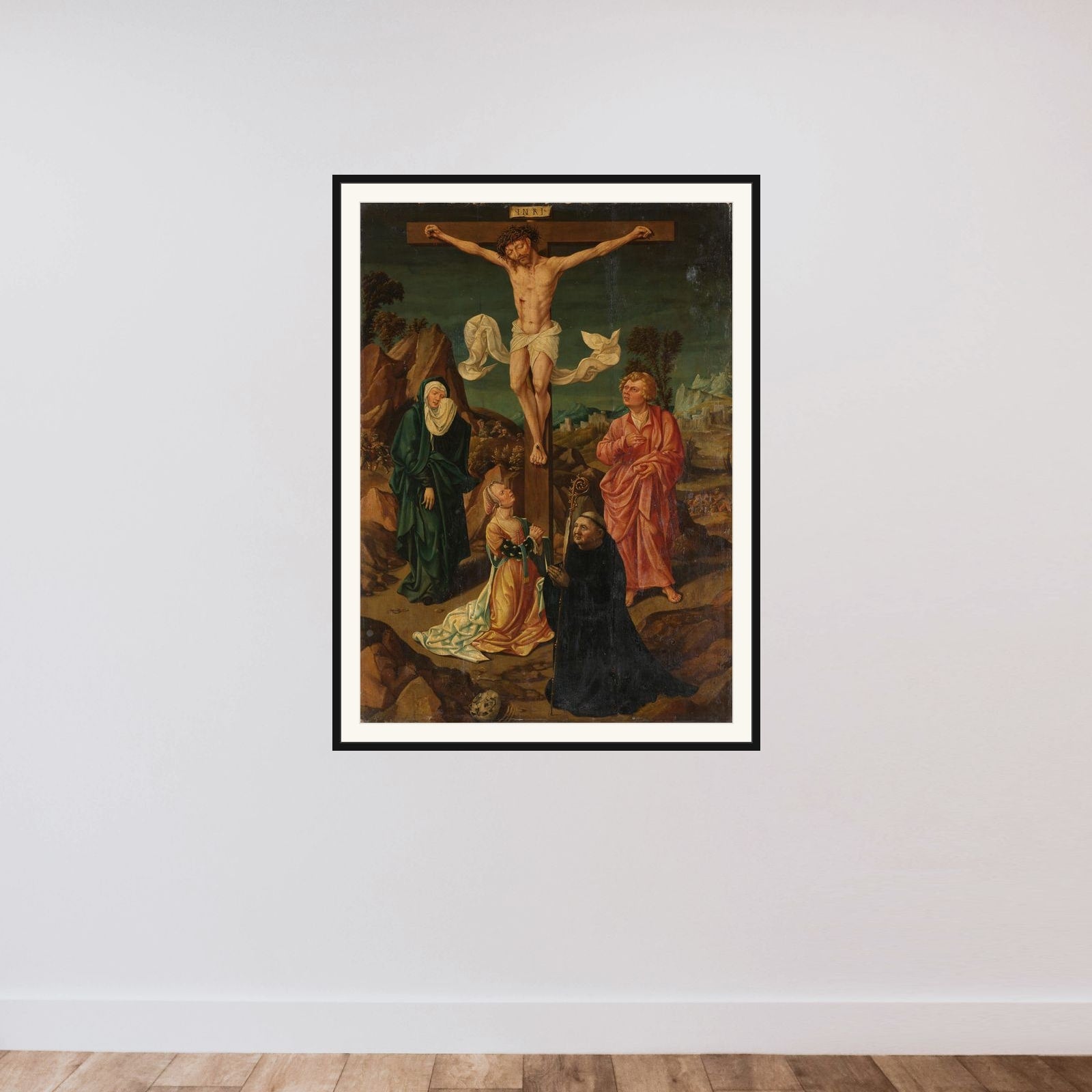 Crucifixion with the Virgin, Saint John, Mary Magdalene, a Donor framed — shown to scale