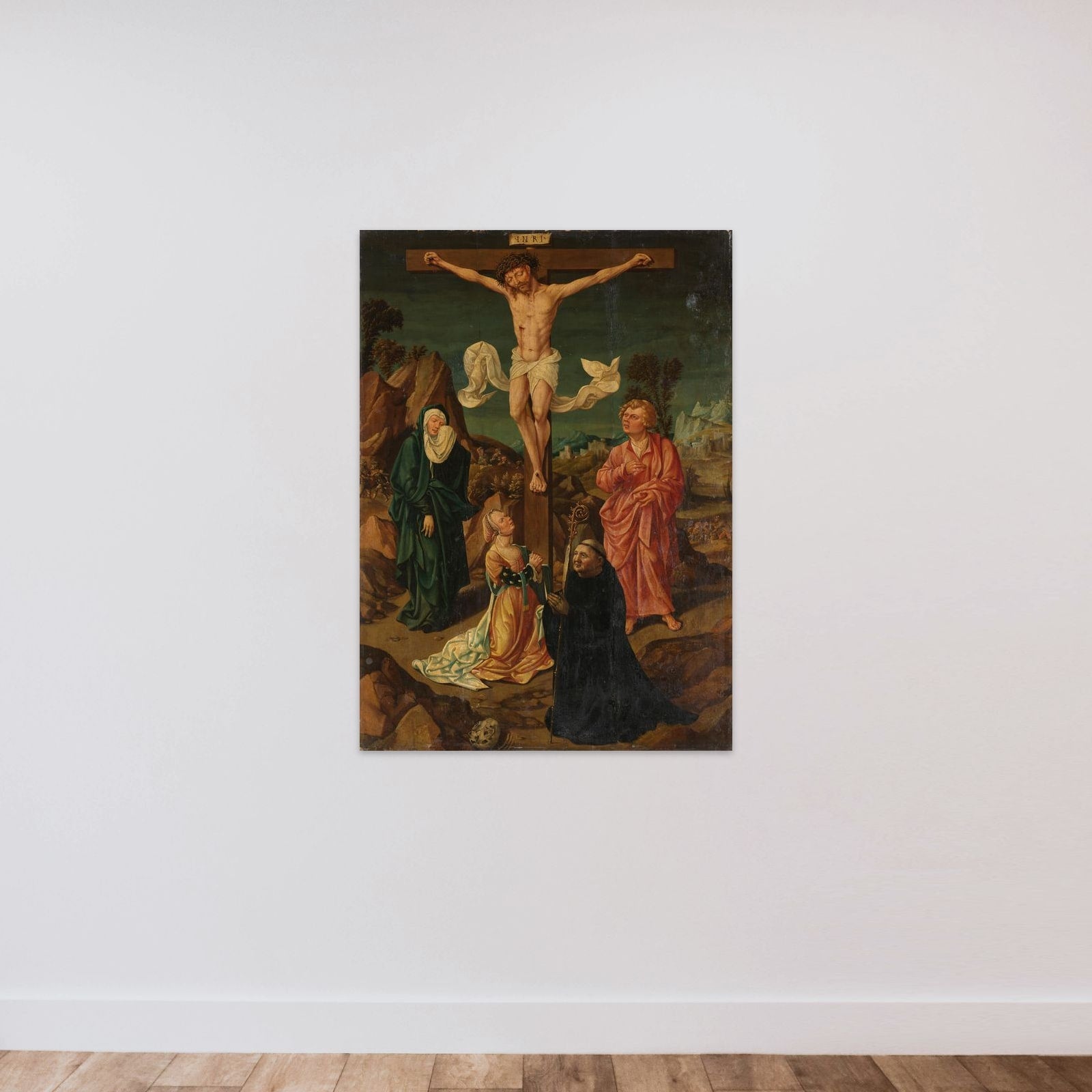 Crucifixion with the Virgin, Saint John, Mary Magdalene, a Donor unframed — shown to scale