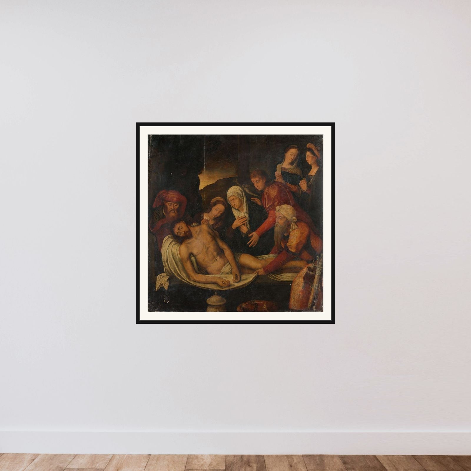 Entombment of Christ with Joseph of Arimathea and Nicodemus, Mary Magdalene, the Virgin and Saint John the Evangelist framed — shown to scale