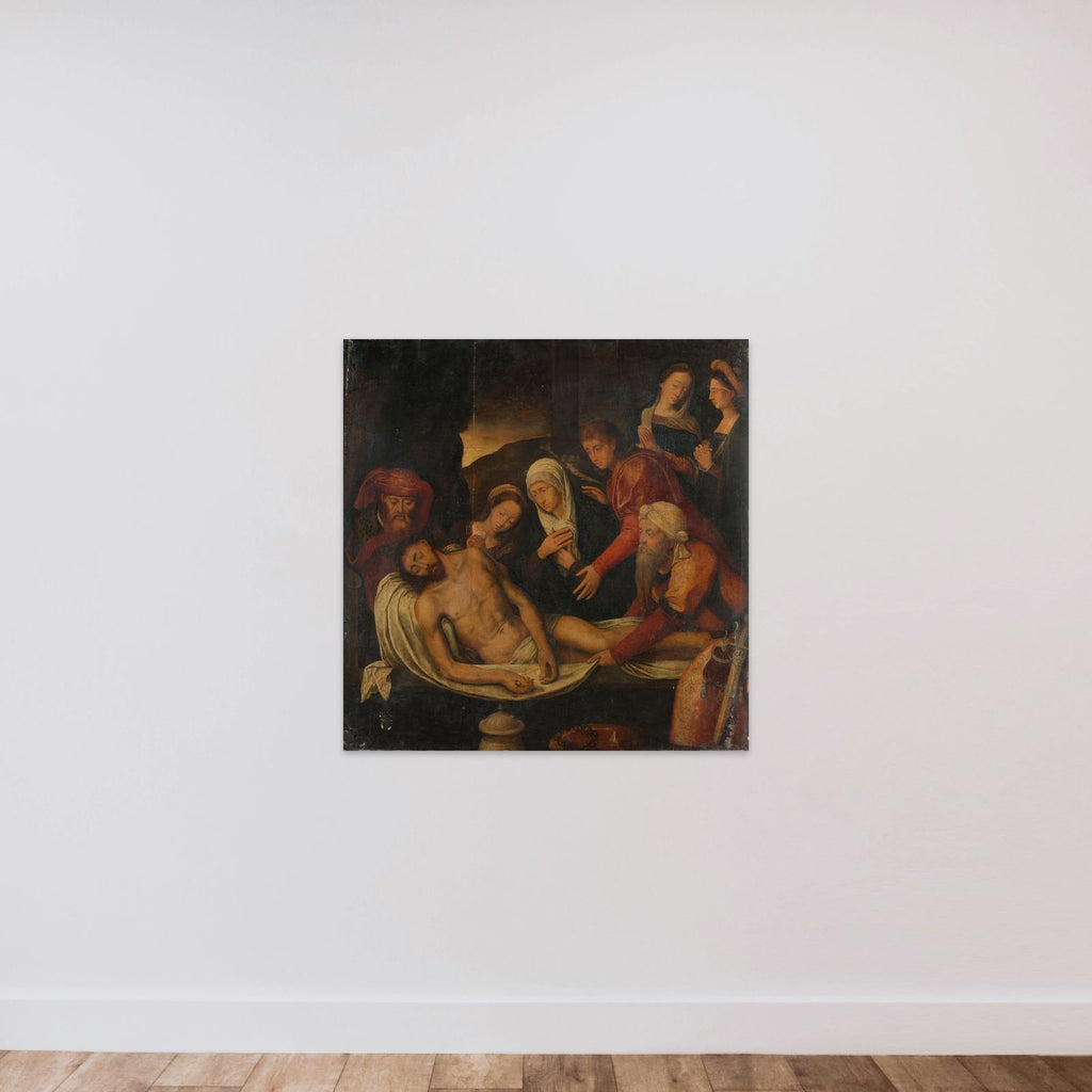 Entombment of Christ with Joseph of Arimathea and Nicodemus, Mary Magdalene, the Virgin and Saint John the Evangelist unframed — shown to scale