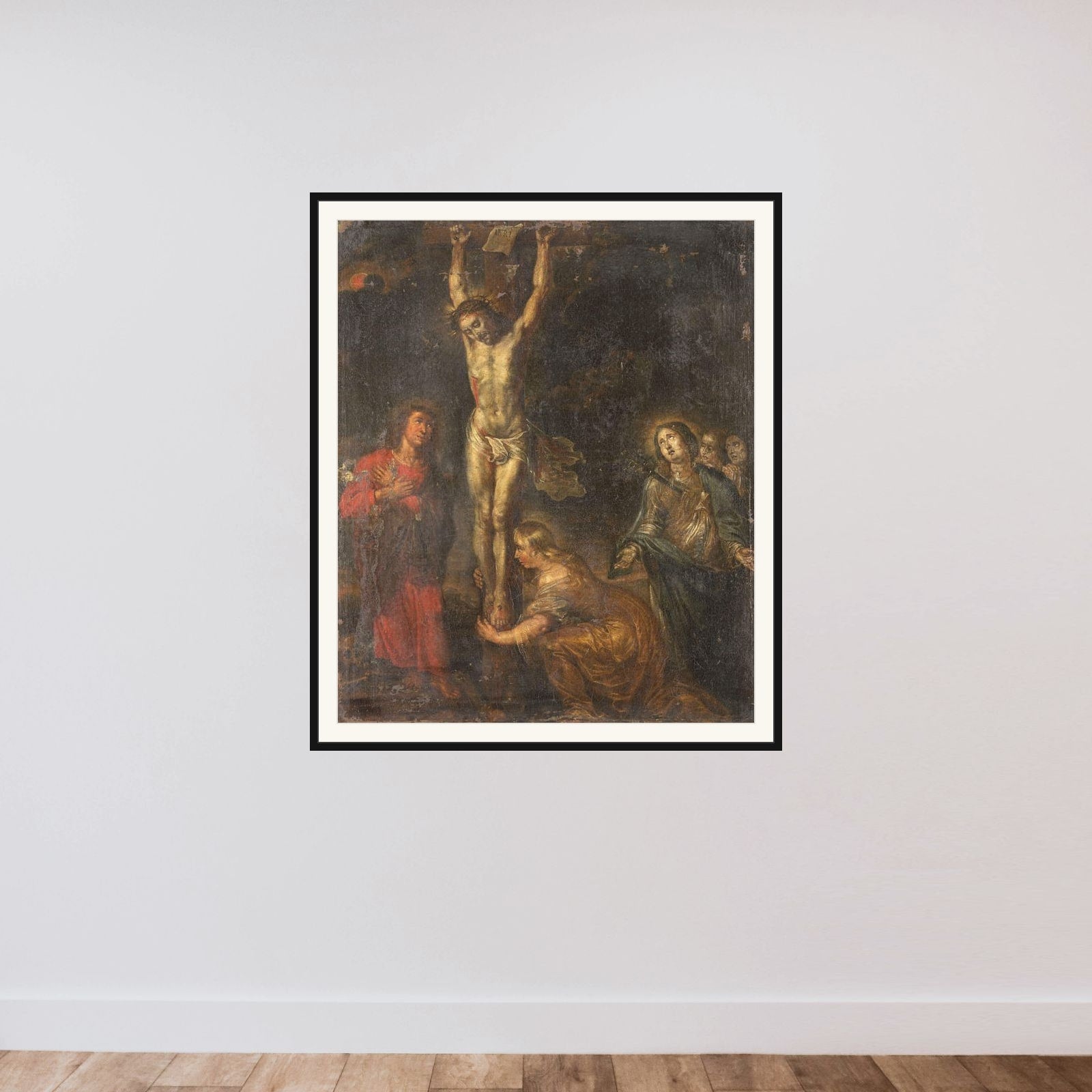 Christ on the Cross, with the Mother of Sorrows and Saints John the Evangelist and Mary Magdalene framed — shown to scale