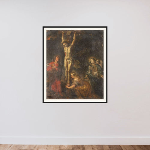 Christ on the Cross, with the Mother of Sorrows and Saints John the Evangelist and Mary Magdalene framed — shown to scale