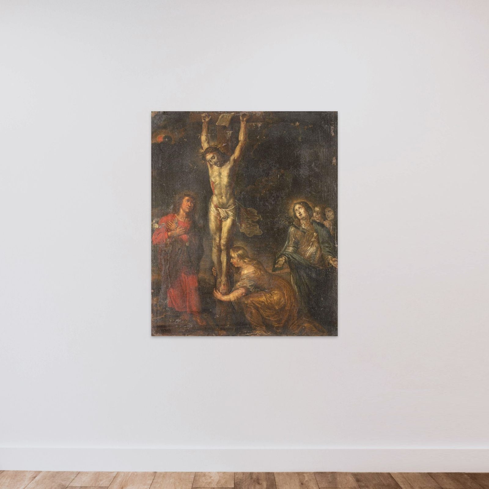 Christ on the Cross, with the Mother of Sorrows and Saints John the Evangelist and Mary Magdalene unframed — shown to scale