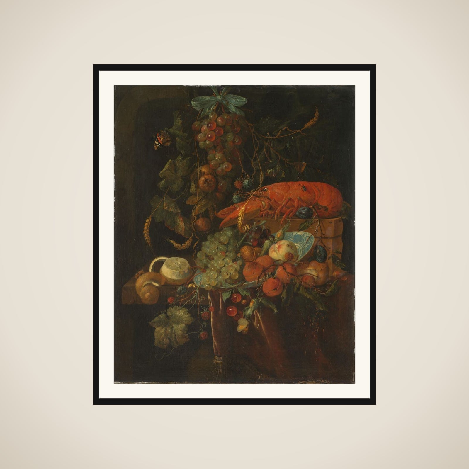 Still Life with Fruit and a Lobster framed