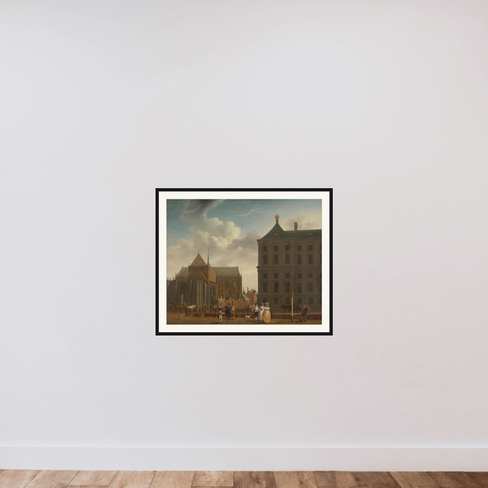 The Nieuwe Kerk and the Town Hall on the Dam in Amsterdam framed — shown to scale