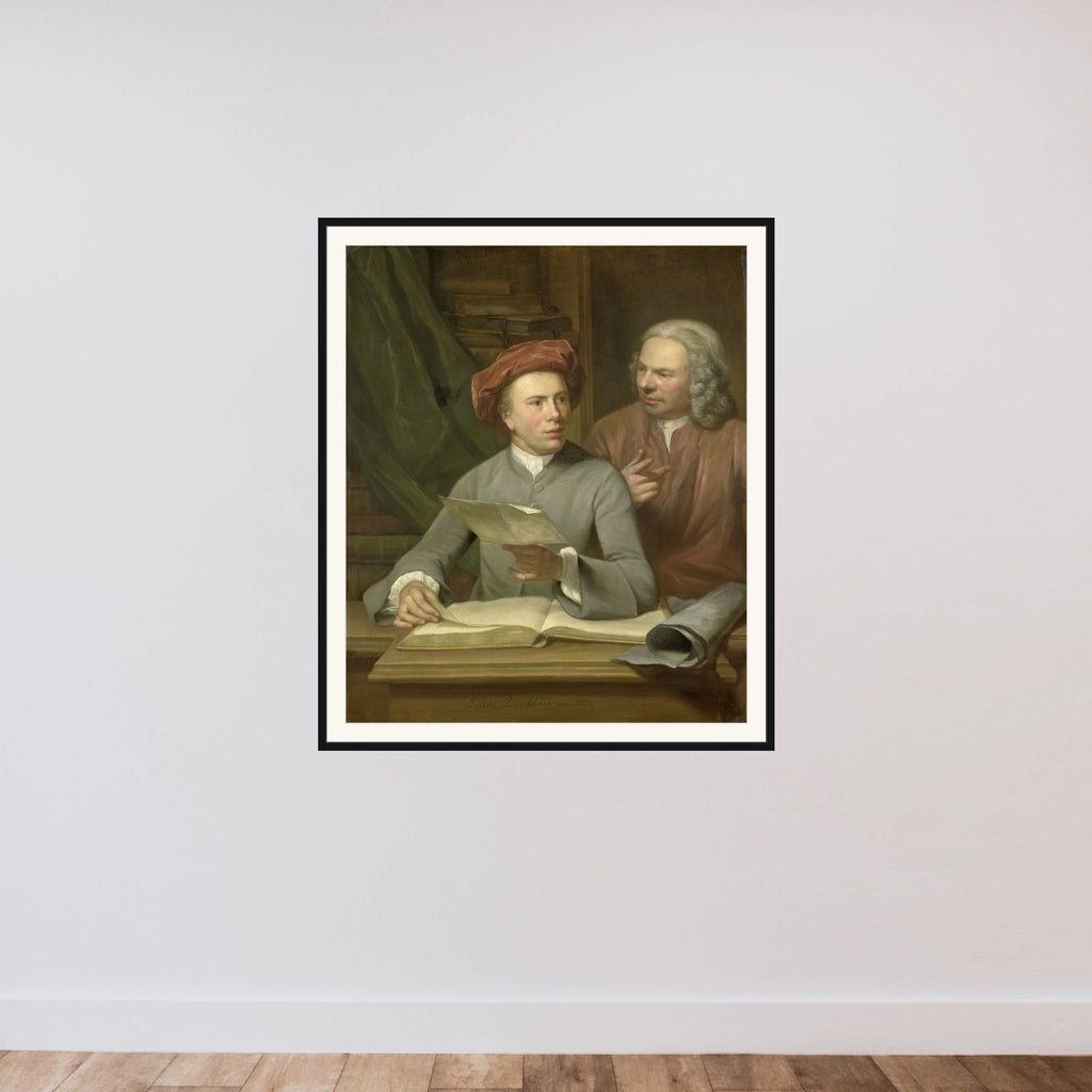 Self Portrait. Standing beside the Artist is his Father and Teacher Jan Maurits Quinkhard (1688-1772) framed — shown to scale