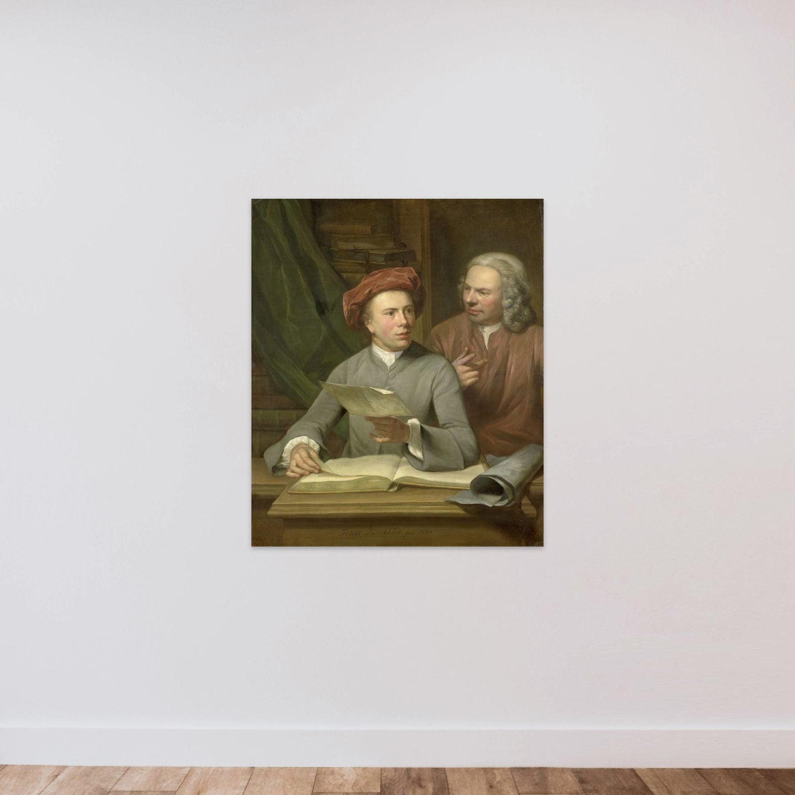 Self Portrait. Standing beside the Artist is his Father and Teacher Jan Maurits Quinkhard (1688-1772) unframed — shown to scale