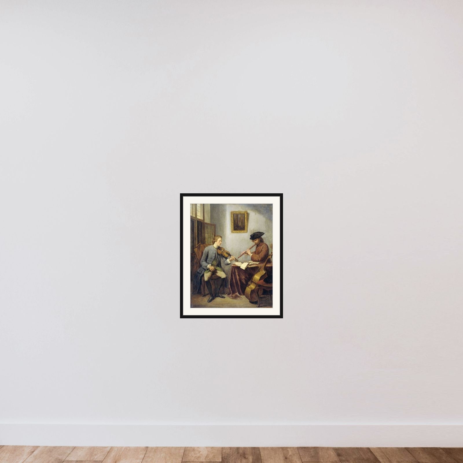 A Violinist and a Flutist Playing Music together (The Musicians) framed — shown to scale